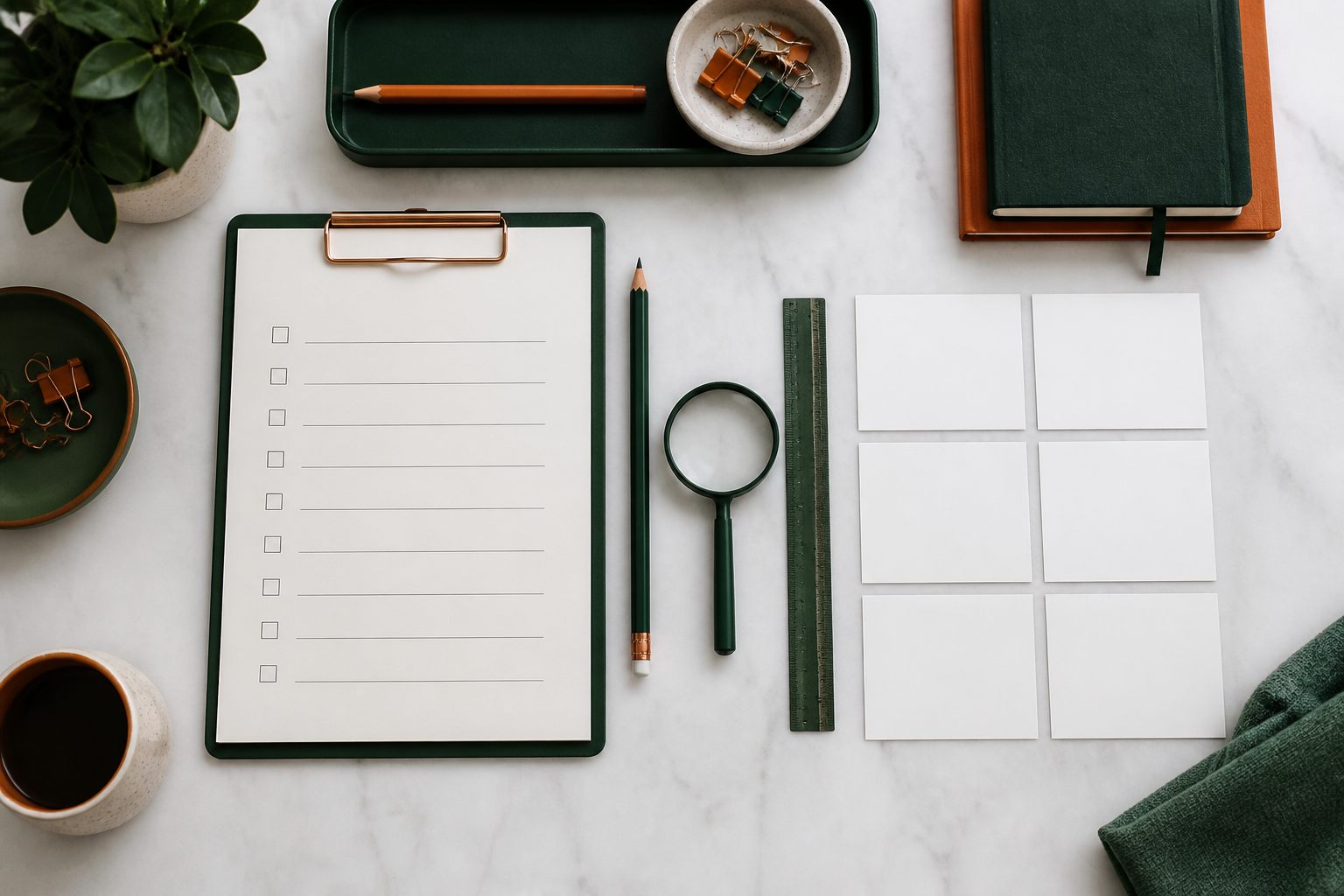 Editorial desk with checklist, magnifier, ruler and six blank operator cards