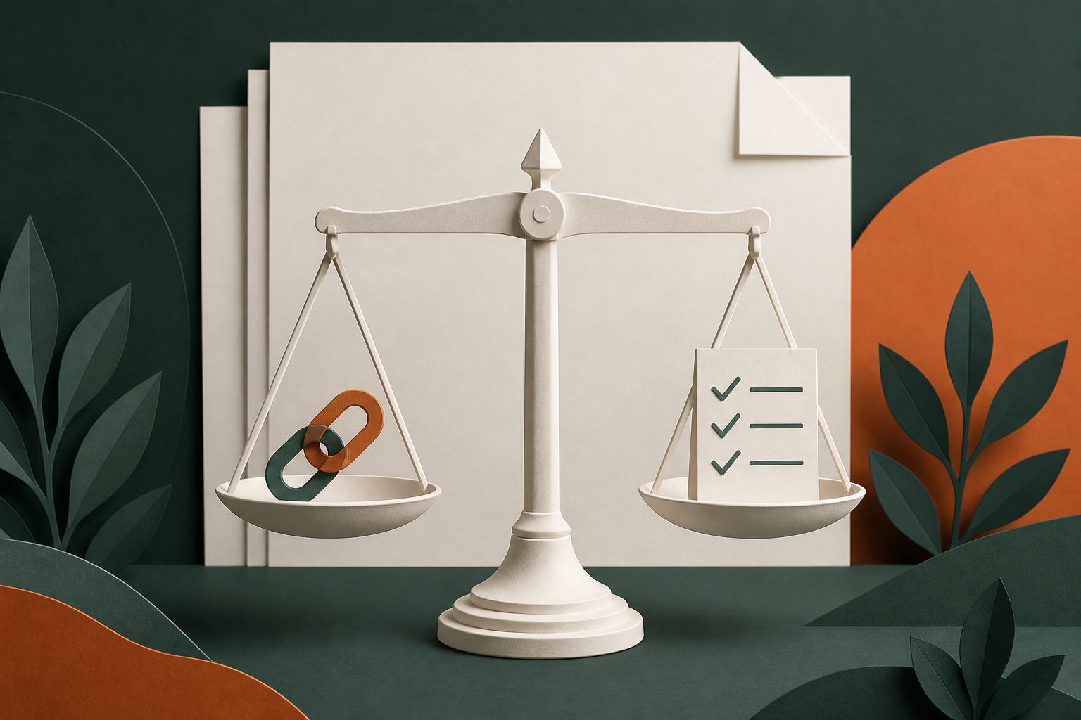 Balanced paper scale holding a link symbol and a review checklist