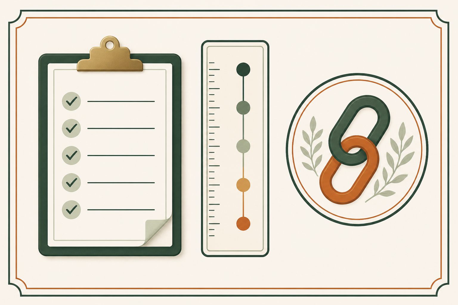 Checklist and scoring ruler framed separately from a link symbol