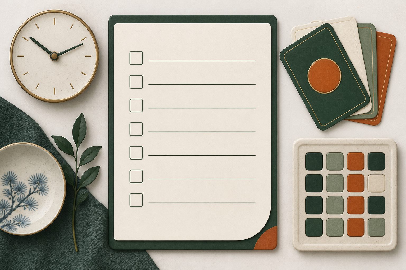 Seven-row checklist beside a clock, game cards and calculation grid