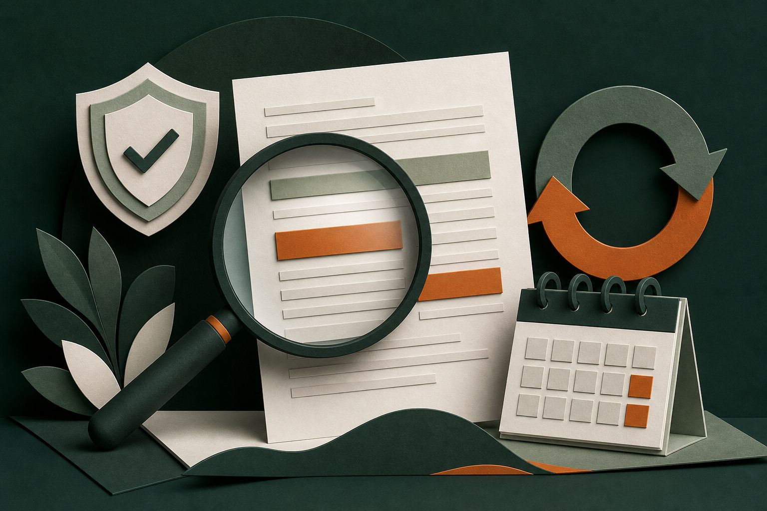 Magnifier over a terms sheet with turnover arrows and calendar