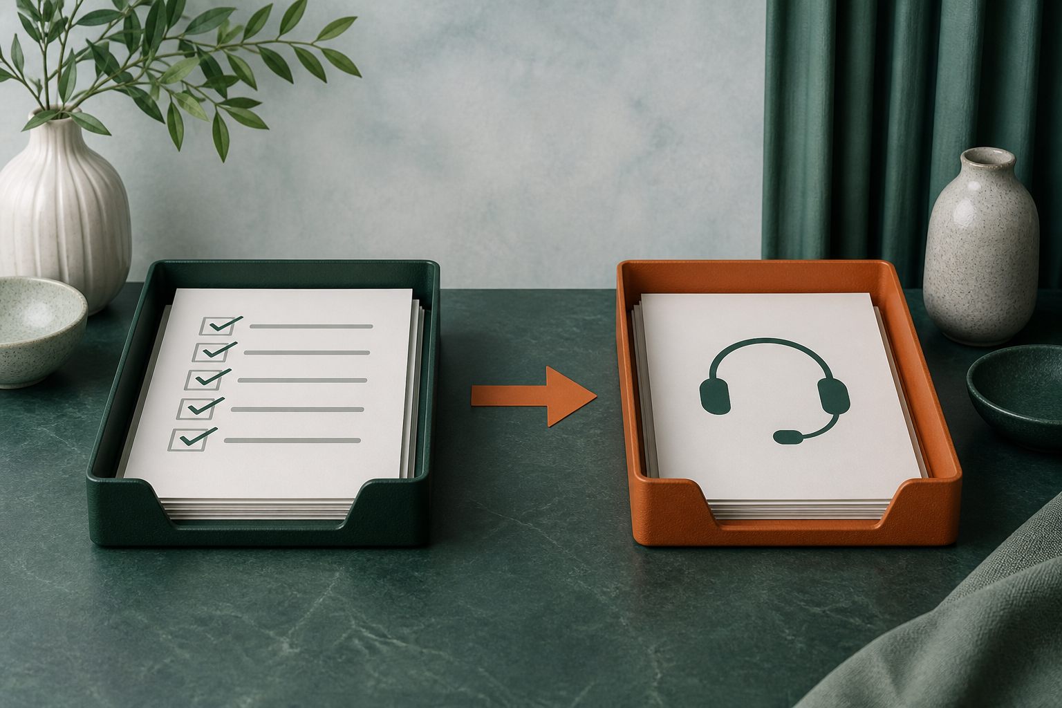 Separate trays for an editorial checklist and operator support headset