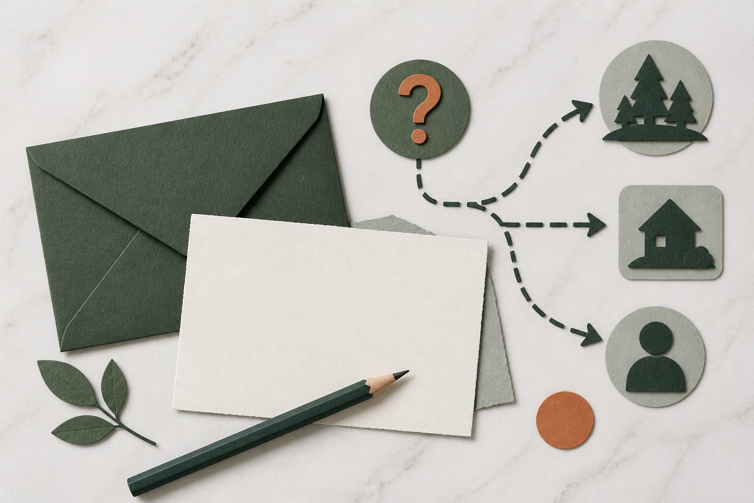 Paper envelope, blank note and routing arrows
