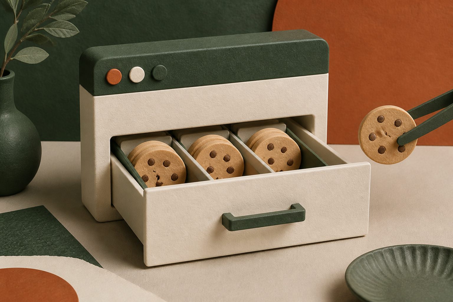 Browser-shaped filing drawer holding round cookie tokens