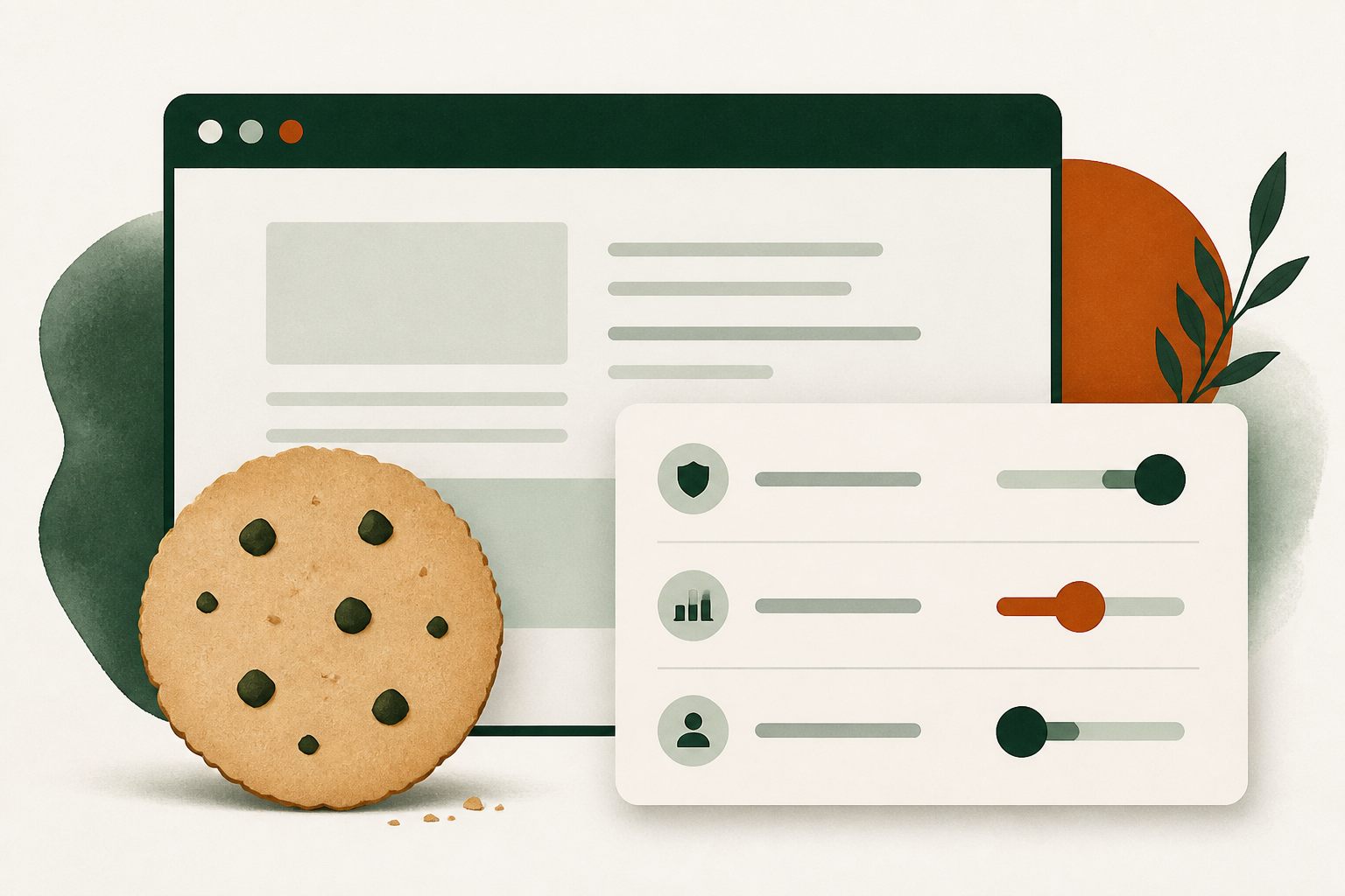 Paper browser window beside a cookie and preference controls