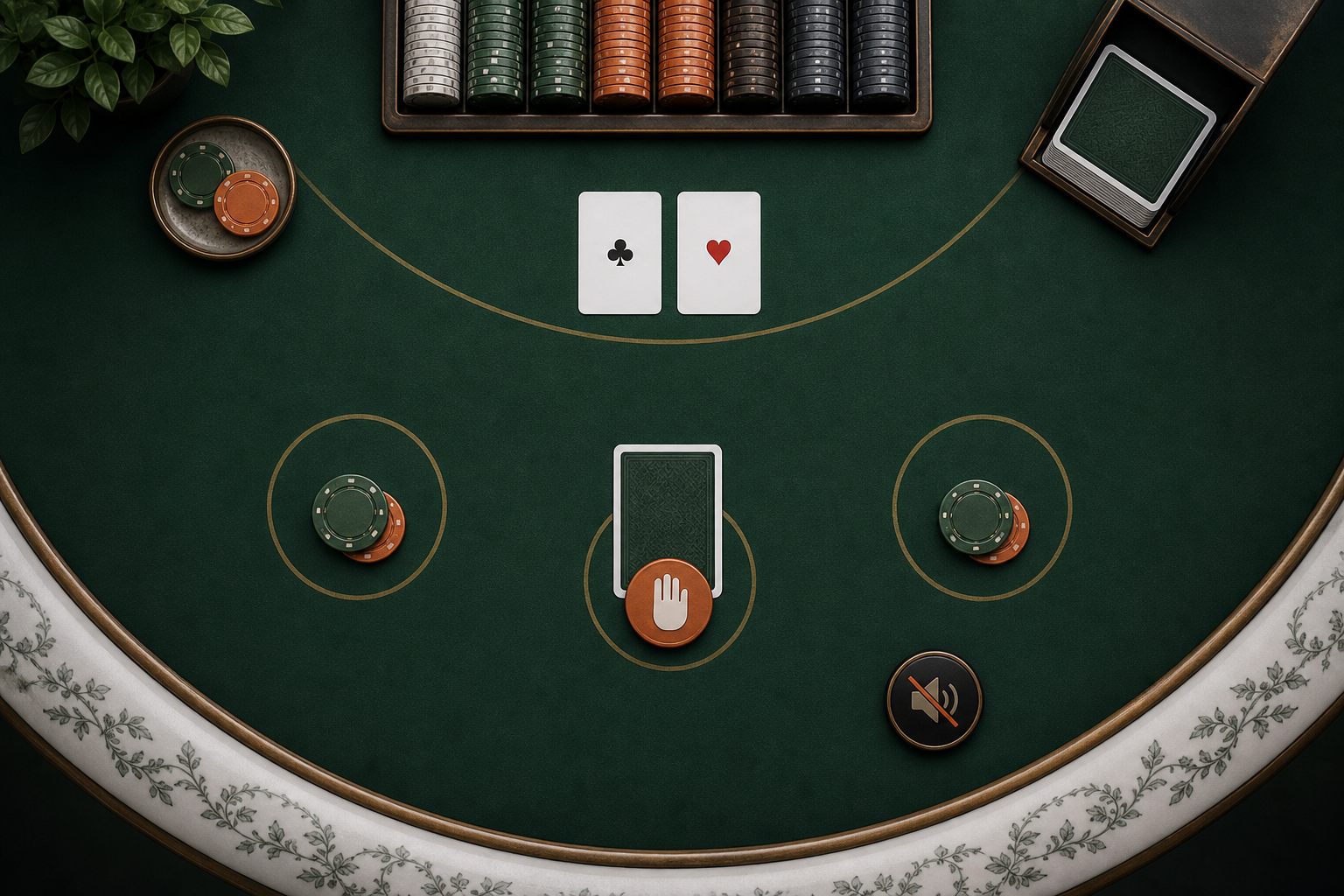 Overhead green live table with cards, chips and a waiting marker