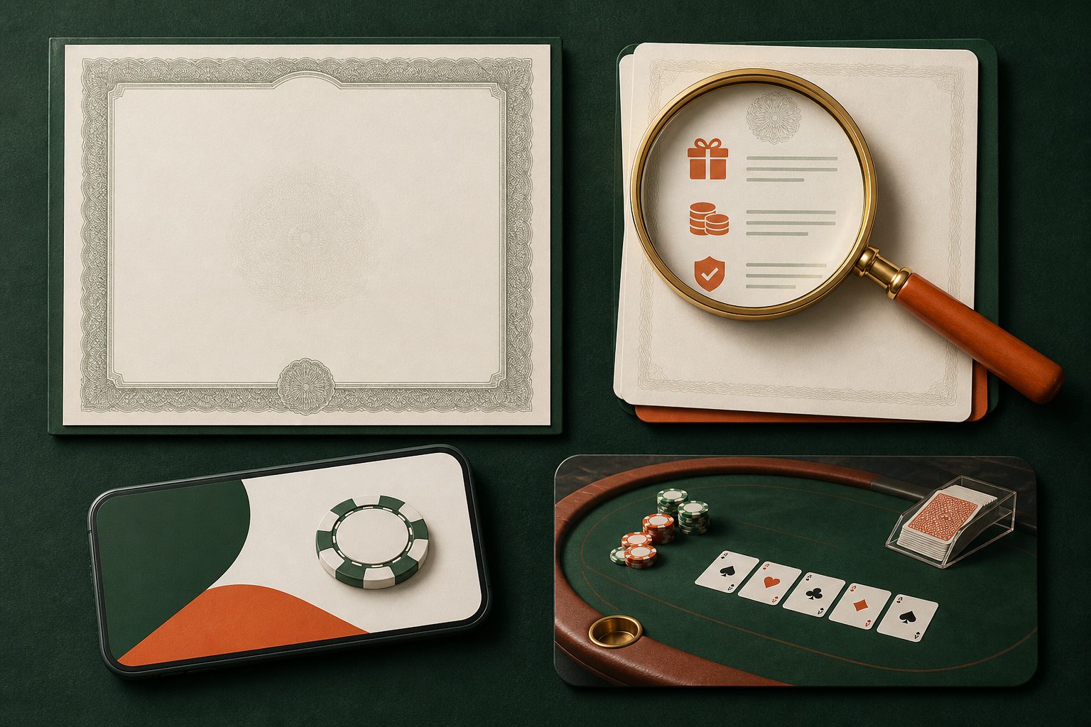 Blank licence document, terms magnifier, mobile card and live-table card