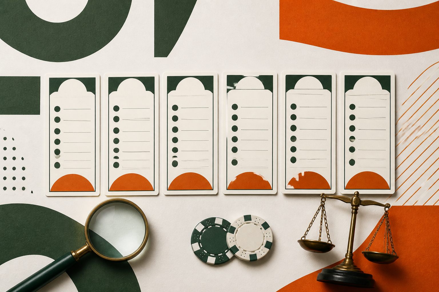 Six blank scorecards beside a magnifier, casino chips and a balance scale