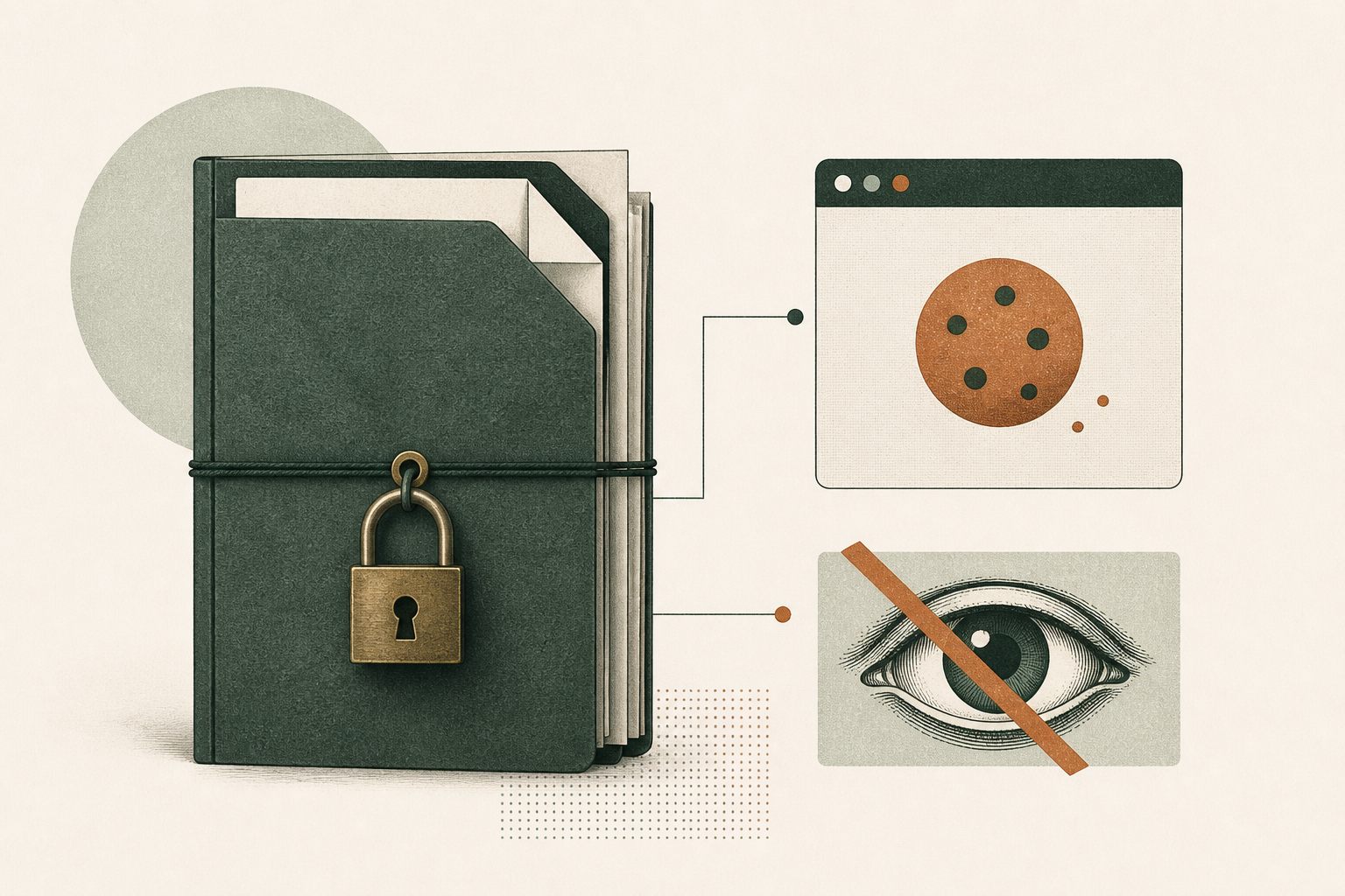 Locked paper file beside browser and privacy symbols