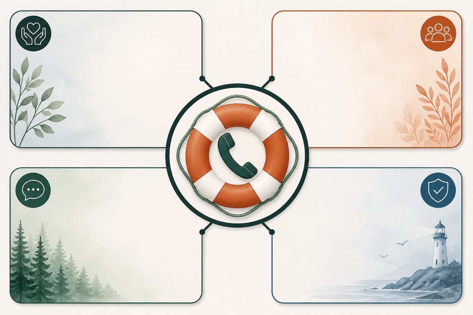 Life-ring and phone symbol connecting four support cards