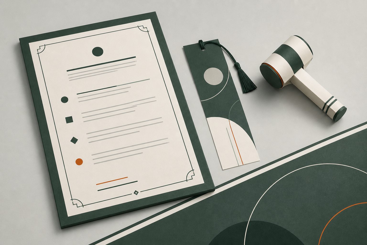 Framed paper rules sheet, bookmark and small gavel